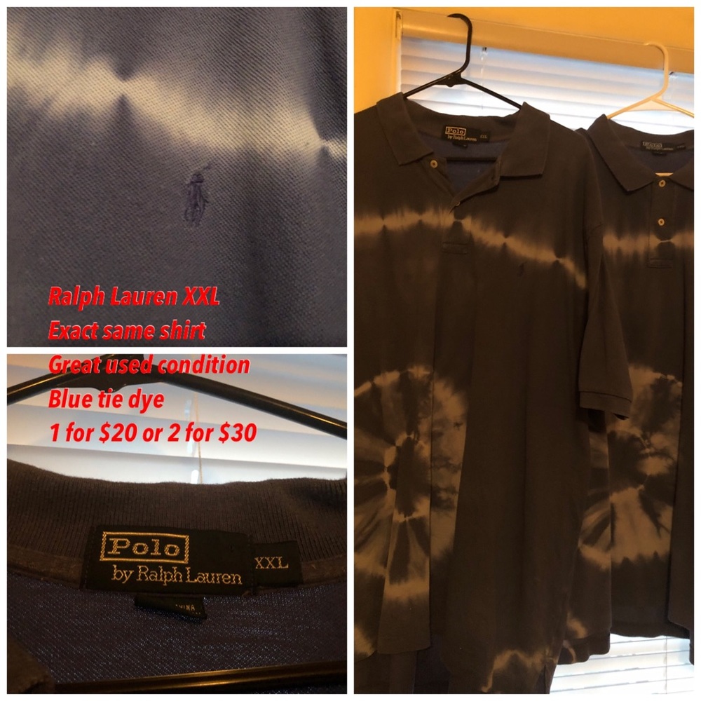 Blue tie dye Ralph Lauren collared Polo shirts.